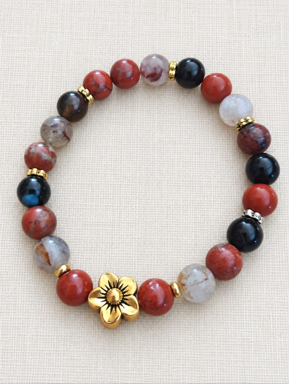 Red Jasper &Gold Red Rutilated Quartz Beaded Stretch Bracelet | Handmade